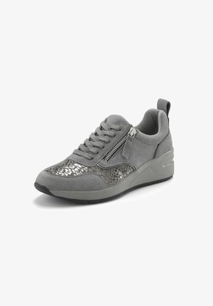Gray athletic shoe with a textured upper featuring suede and metallic accents, lace closure, and side zip detail, set on a cushioned sole.