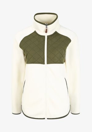 Chaqueta de forro polar blanca con un panel frontal acolchado verde, cuello alto y cierre de cremallera; presenta bolsillos laterales y un ribete oscuro en el dobladillo.