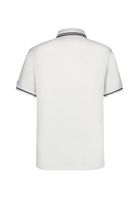 Hvid polo skjorte med korte ærmer, der har en klassisk krave og sorte stribede detaljer på kraven og ærmerne. Glat materiale.