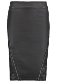 Jupe crayon en similicuir noir avec des détails de coutures verticales sur les côtés et une ceinture ajustée.