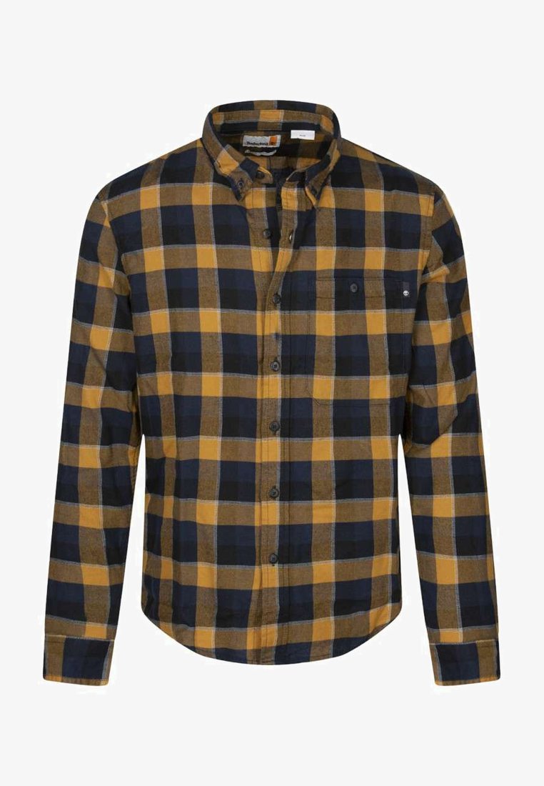 Geruit flanellen shirt in marineblauw, geel en bruin. Knopen met een kraag en een enkele borstzak. Zachte textuur met een normale pasvorm.