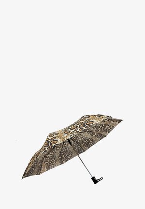 Leopard print umbrella featuring a metal frame, black handle, and a patterned canopy with shades of brown and beige.