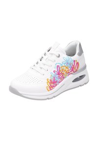 White sneaker with perforated design, featuring multicolored floral accents in pink, blue, and yellow. Silver heel, cushioned sole.