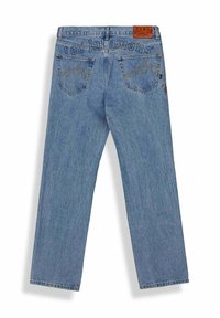 Jeans dritti di colore blu chiaro realizzati in denim, con due tasche posteriori, dettagli ricamati e una patch in pelle marrone del marchio sulla vita.
