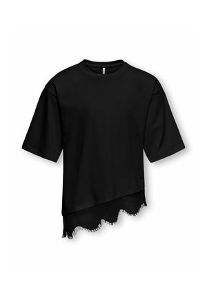 T-shirt noir à manches courtes avec col rond et ourlet asymétrique orné d'une bordure en dentelle noire sur le bas droite.