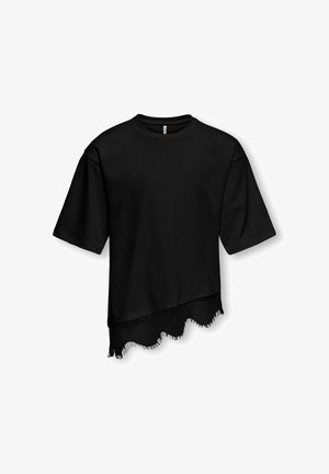 T-shirt noir à manches courtes avec col rond et ourlet asymétrique orné d'une bordure en dentelle noire sur le bas droite.