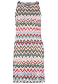 Robe sans manches en tricot avec un motif en zigzag dans des nuances de vert, rouge, rose et bleu, dotée d'un col rond et d'une silhouette ajustée.