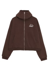 Sweat à capuche marron à fermeture éclair avec un col haut, de grandes poches et un logo brodé sur la poitrine. Confectionné en tissu doux avec une coupe décontractée.