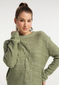Strickpullover in hellgrün mit einem strukturierten Zopfmuster auf der Vorderseite. Verfügt über einen runden Halsausschnitt und ribbelige Bündchen. Weiches, dickes Material.