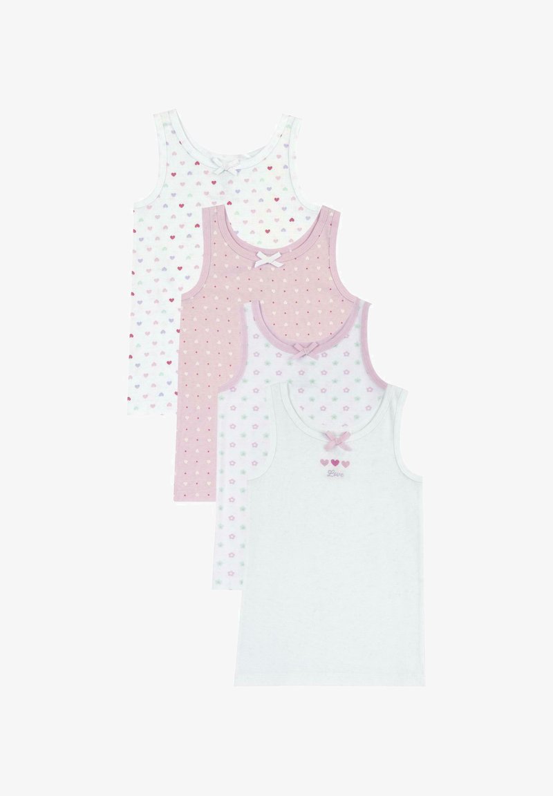 Cztery topy na ramiączkach: biały z różowymi sercami, różowy w kropki, biały z kwiatami i szary. Każdy z nich posiada akcent w postaci kokardy przy dekolcie.