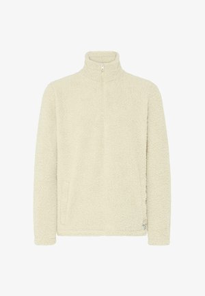Crèmewitte fleece pullover met een hoge kraag, half-ritssluiting en een gestructureerd oppervlak. Heeft een zijzak met een split.