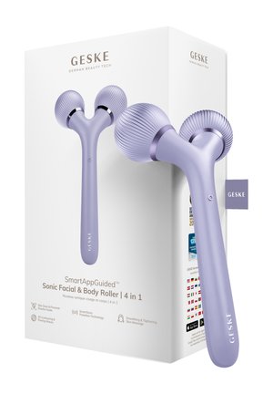 Paarse 4-in-1 sonische gezichts- en lichaamsroller met getextureerde dubbele bollen, weergegeven naast witte verpakking met het label "GESKE German Beauty Tech."