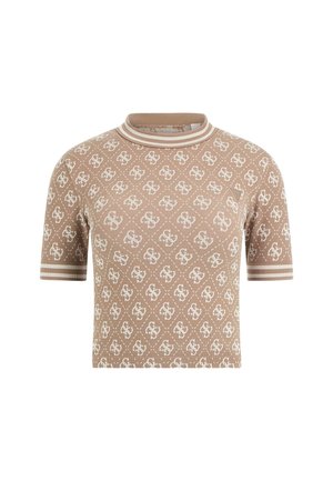 Bruine gebreide top met korte mouwen, voorzien van een herhaald wit logo patroon, een geribbelde ronde hals met gestreepte accenten en een aansluitend ontwerp.
