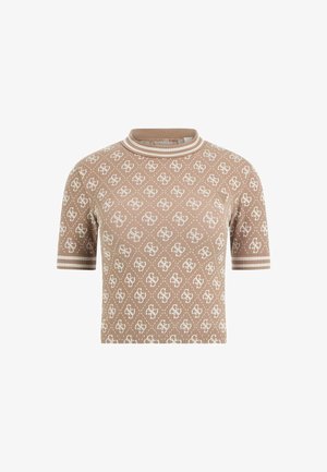 Braunes, kurzärmeliges Strickoberteil mit einem wiederholten weißen Logo-Muster, geripptem Rundhalsausschnitt mit gestreiften Akzenten und einer figurbetonten Passform.