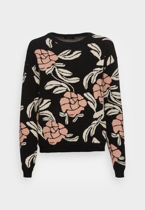 Pull noir à manches longues avec motifs floraux roses et feuilles blanches, doté d'un col rond ainsi que de poignets et d'un ourlet côtelés.
