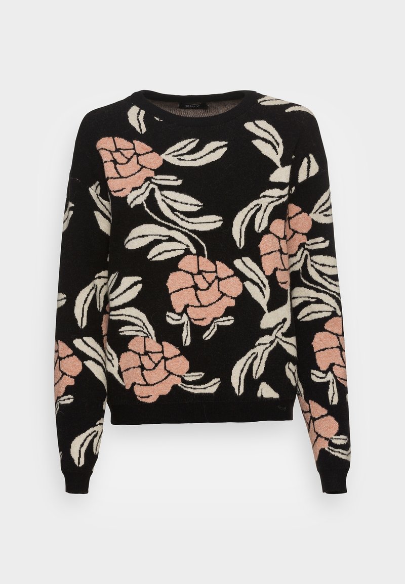 Pull noir à manches longues avec motifs floraux roses et feuilles blanches, doté d'un col rond ainsi que de poignets et d'un ourlet côtelés.