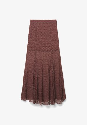 Jupe en dentelle marron avec un design évasé, présentant un motif texturé et une coupe mi-longue. La ceinture est lisse, complétant le tissu transparent.