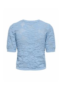 Pull court à manches courtes bleu clair en tricot avec motif en dentelle florale et poignets côtelés, vue de dos.