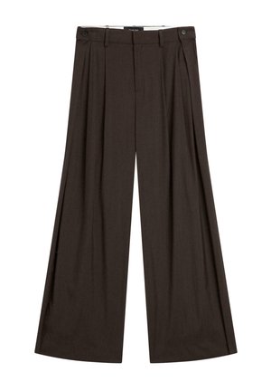 Braune weit geschnittene Hose aus leichtem Stoff, mit vorderen Falten, zwei Seitentaschen und einem einzelnen Knopfverschluss.