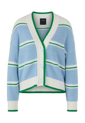 Chunky knit cardigan in light blue with white and green striped accents, V-neck, button closure, and ribbed cuffs and hem.