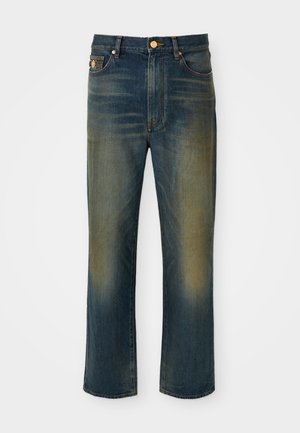 Blaue Jeans aus Denim mit einem geraden, weiter Beinform. Mit ausgewaschenen Bereichen und einem Knopfverschluss. Verfügt über Fronttaschen und ein Logo-Detail.