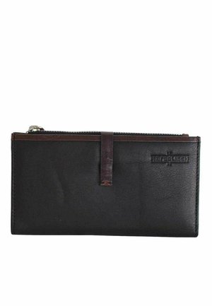 Black leather wallet with a zip closure, featuring a brown leather accent strap and a subtle embossed logo on the front. Smooth texture.