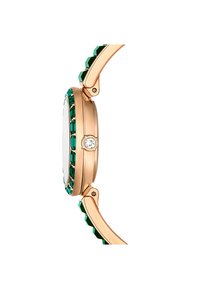 Złoty różowy zegarek z okrągłą kopertą, ozdobioną zielonym kamieniem szlachetnym oraz przezroczystym kryształowym detalem po boku. Gładki i elegancki design paska.
