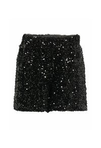 Sorte shorts dækket af skinnende paletter, med en struktureret overflade og elastisk talje. Designet med en løs pasform for komfort.