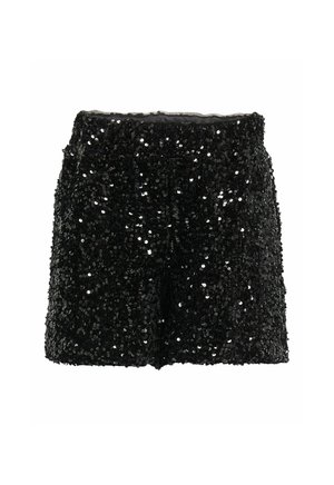 Svarta shorts täckta av glänsande paljetter, med en texturerad yta och ett elastiskt midjeband. Designade för en lös passform för komfort.