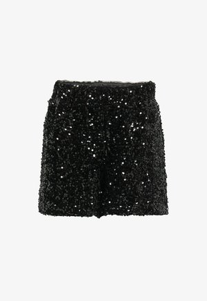 Svarta shorts täckta av glänsande paljetter, med en texturerad yta och ett elastiskt midjeband. Designade för en lös passform för komfort.
