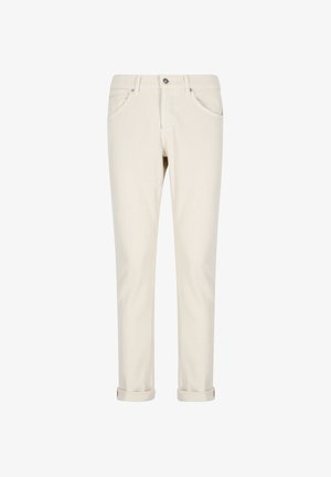 Pantaloni in cotone beige a taglio dritto, con chiusura a bottone e zip, cinque tasche e risvolti. Tessuto liscio.