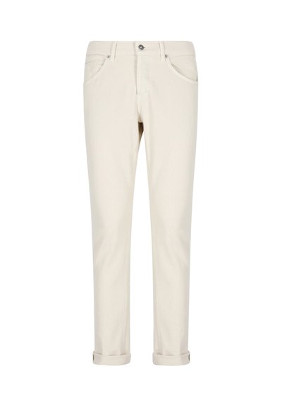 Pantaloni in cotone beige a taglio dritto, con chiusura a bottone e zip, cinque tasche e risvolti. Tessuto liscio.