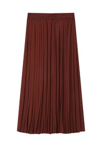 Jupe midi plissée d'une riche couleur rouille, avec une taille élastique pour plus d'aisance. Fabriquée en tissu doux avec une texture lisse.
