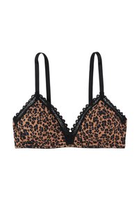 Reggiseno con stampa leopardata in beige e nero, caratterizzato da pizzo decorativo, spalline nere regolabili e una forma triangolare con un bottone decorativo sul davanti.