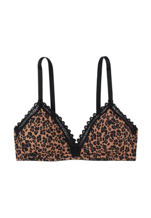 Reggiseno con stampa leopardata in beige e nero, caratterizzato da pizzo decorativo, spalline nere regolabili e una forma triangolare con un bottone decorativo sul davanti.