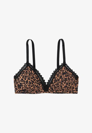 Reggiseno con stampa leopardata in beige e nero, caratterizzato da pizzo decorativo, spalline nere regolabili e una forma triangolare con un bottone decorativo sul davanti.