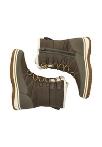 Braune Winterstiefel mit gestepptem Stoff, Kunstfellfutter, seitlichem Reißverschluss und Gummisohle. Mit Schnürsenkeln und stabilen Ösen für einen sicheren Sitz.