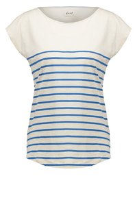 Camiseta blanca de manga corta con rayas horizontales azules, escote redondo y un corte relajado. Material de algodón suave, diseño con dobladillo curvado en la parte inferior.