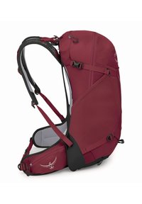 Zaino da trekking color marrone bordeaux con design aerodinamico, spallacci regolabili e pannello posteriore imbottito. Presenta dettagli neri e tasche laterali per il trasporto.