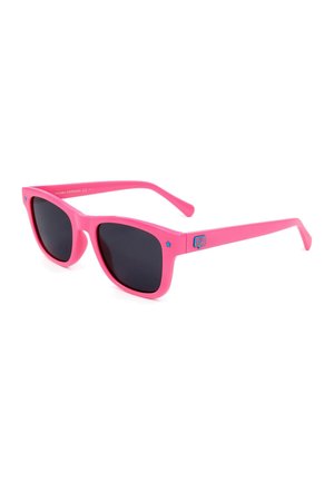Occhiali da sole rettangolari rosa con lenti scure, decorazione a stella blu sulla montatura e piccolo logo blu e rosa sull'asta.