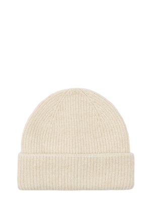 Kremowa dzianinowa czapka wykonana z miękkiej wełny. Posiada prążkowaną fakturę, podwinięty mankiet i zaokrąglony wierzch.