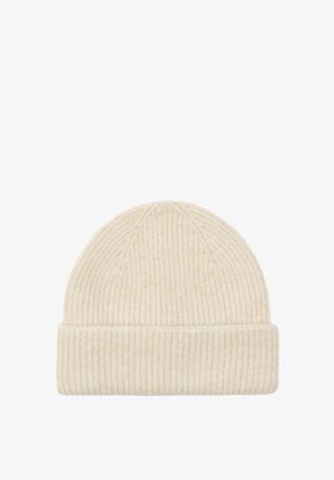 Kremowa dzianinowa czapka wykonana z miękkiej wełny. Posiada prążkowaną fakturę, podwinięty mankiet i zaokrąglony wierzch.