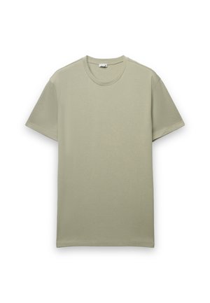 T-shirt verde oliva a maniche corte in morbido cotone, con scollo rotondo e vestibilità rilassata, dalla texture liscia.