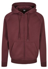 Burgundy vetoketjuhuppari pehmeästä kankaasta, jossa on nyöritettävä huppu, etutaskut sekä ribbireunat hihoissa ja helmassa.