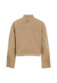 Veste en jean marron clair vue de dos avec des manches longues, des poignets boutonnés et un petit logo brodé sous le col.