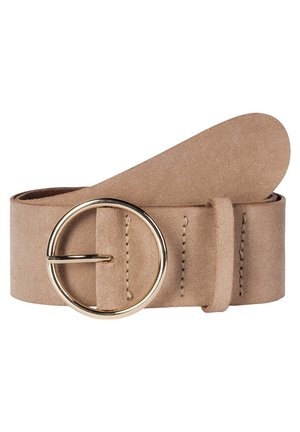 Ceinture en daim beige avec une boucle ronde en métal doré, des coutures décoratives, et une boucle assortie sur fond blanc.