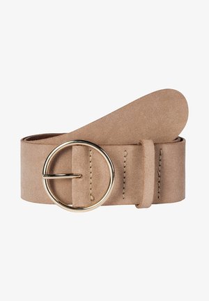 Ceinture en daim beige avec une boucle ronde en métal doré, des coutures décoratives, et une boucle assortie sur fond blanc.
