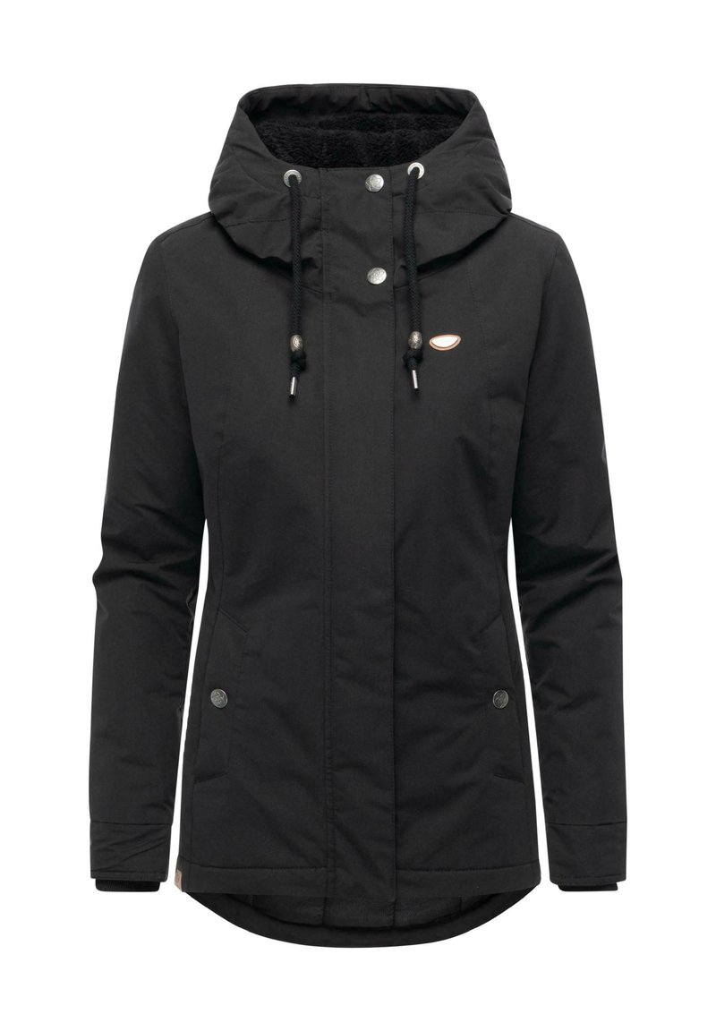 Czarna wodoodporna kurtka z kapturem, z regulowanymi sznurkami, przednim zamkiem, bocznymi kieszeniami i miękkim wnętrzem.