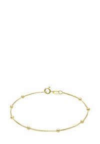 Gold bracelet with a thin chain featuring evenly spaced round beads, a lobster clasp, and a textured finish on the chain links.