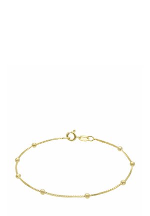 Gold bracelet with a thin chain featuring evenly spaced round beads, a lobster clasp, and a textured finish on the chain links.